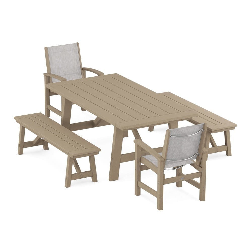 POLYWOOD® - Coastal 5-Piece Rustic Farmhouse Dining Set With Benches - PWS1077 Outdoor Furniture POLYWOOD®