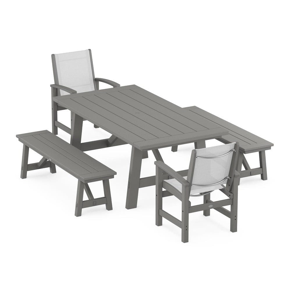 POLYWOOD® Outdoor Furniture Slate Grey / White Sling POLYWOOD® - Coastal 5-Piece Rustic Farmhouse Dining Set With Benches - PWS1077