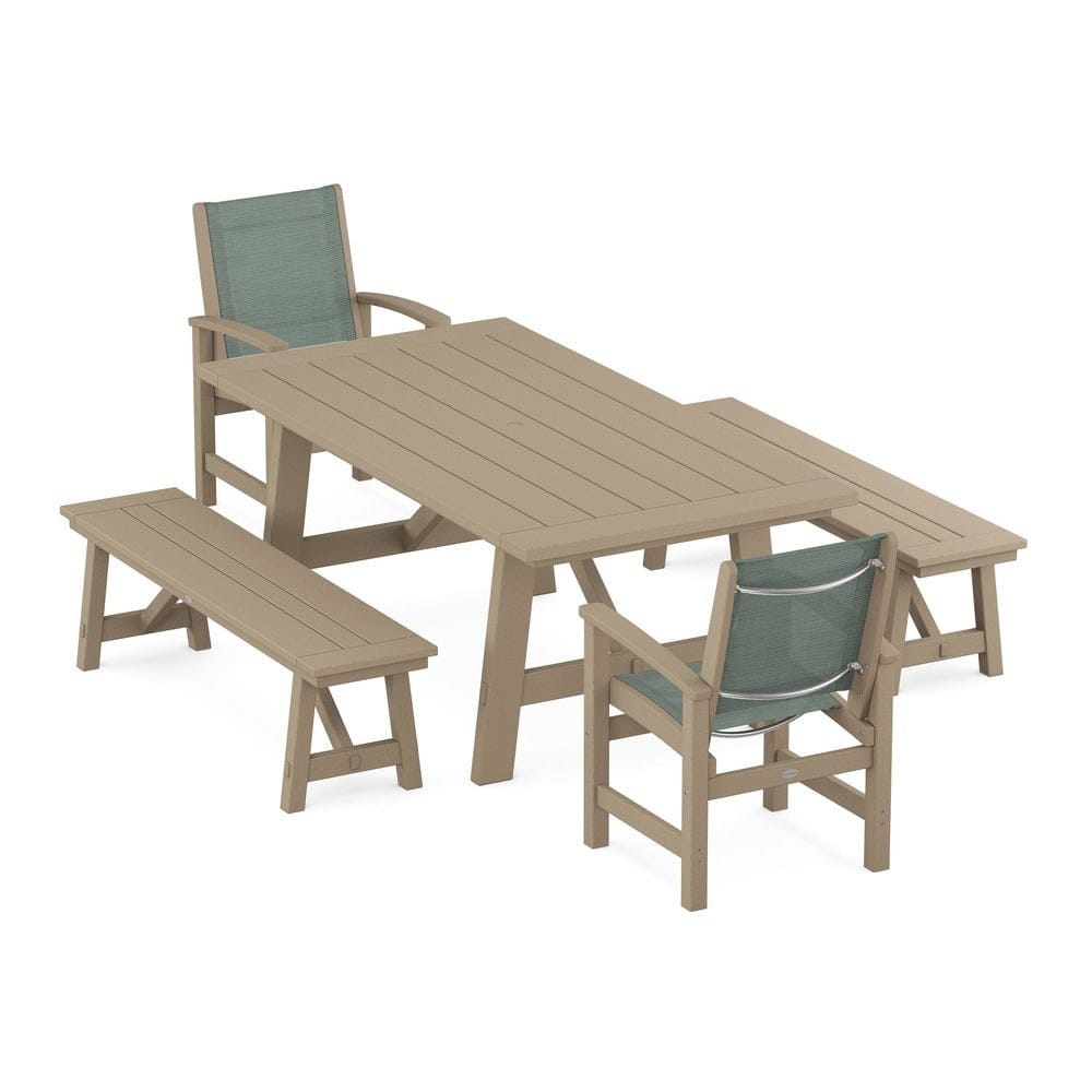 POLYWOOD® Outdoor Furniture POLYWOOD® - Coastal 5-Piece Rustic Farmhouse Dining Set With Benches - PWS1077