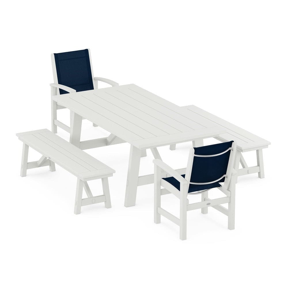 POLYWOOD® Outdoor Furniture POLYWOOD® - Coastal 5-Piece Rustic Farmhouse Dining Set With Benches - PWS1077