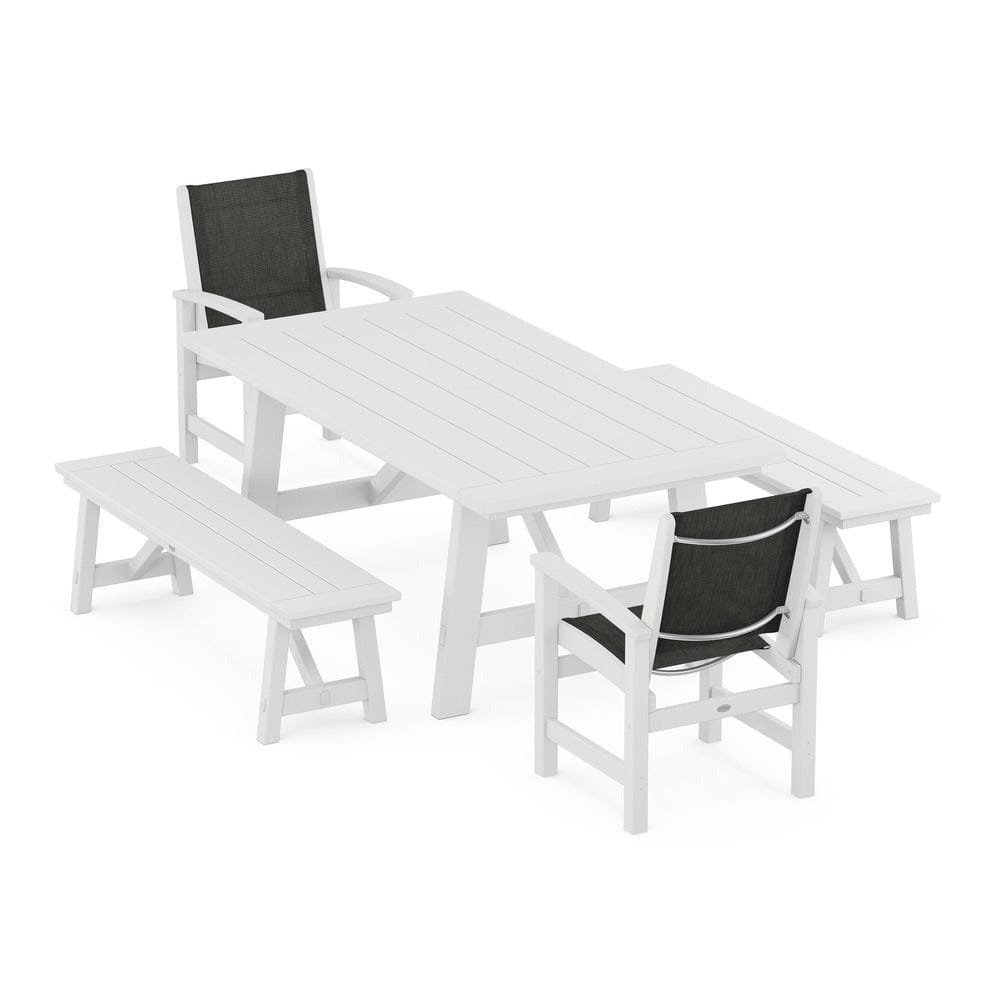 POLYWOOD® Outdoor Furniture White / Ember Sling POLYWOOD® - Coastal 5-Piece Rustic Farmhouse Dining Set With Benches - PWS1077