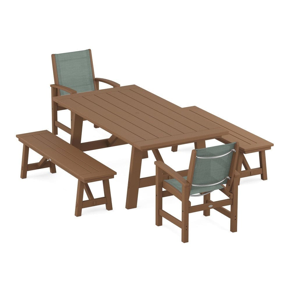 POLYWOOD® Outdoor Furniture Teak / Dupioni Sea Mist Sling POLYWOOD® - Coastal 5-Piece Rustic Farmhouse Dining Set With Benches - PWS1077