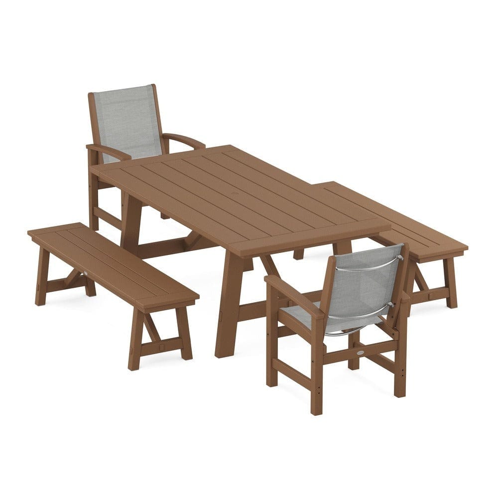 POLYWOOD® Outdoor Furniture Teak / Metallic Sling POLYWOOD® - Coastal 5-Piece Rustic Farmhouse Dining Set With Benches - PWS1077