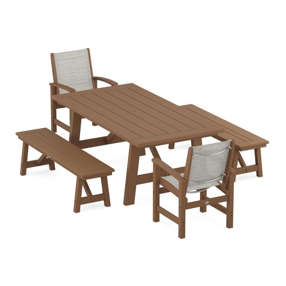 POLYWOOD® Outdoor Furniture Teak / Birch Sling POLYWOOD® - Coastal 5-Piece Rustic Farmhouse Dining Set With Benches - PWS1077