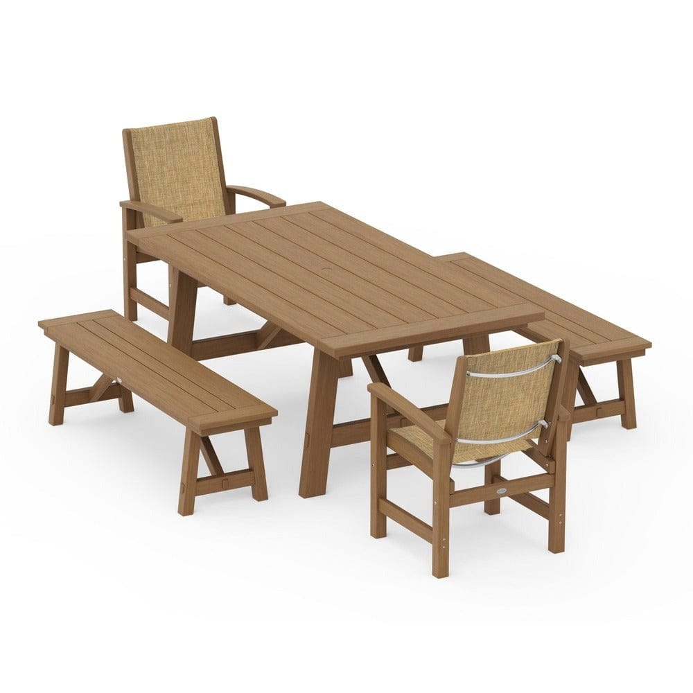 POLYWOOD® Outdoor Furniture POLYWOOD® - Coastal 5-Piece Rustic Farmhouse Dining Set With Benches - PWS1077