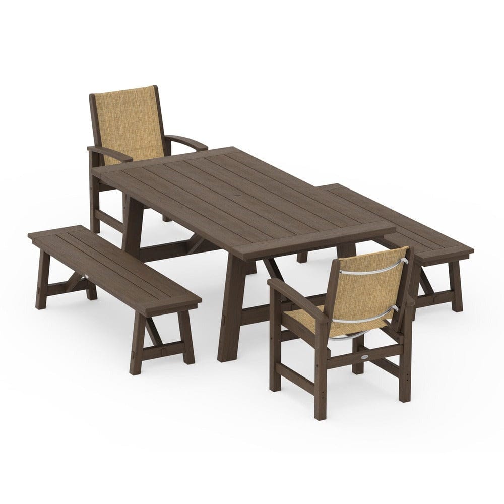 POLYWOOD® Outdoor Furniture POLYWOOD® - Coastal 5-Piece Rustic Farmhouse Dining Set With Benches - PWS1077