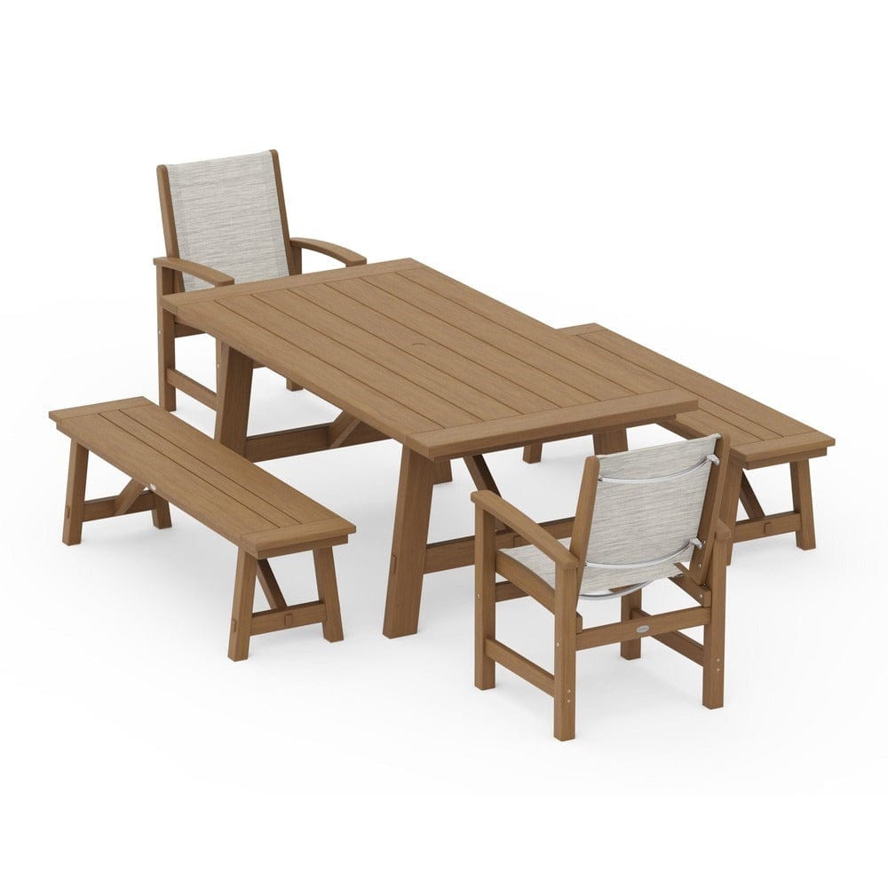 POLYWOOD® Outdoor Furniture POLYWOOD® - Coastal 5-Piece Rustic Farmhouse Dining Set With Benches - PWS1077