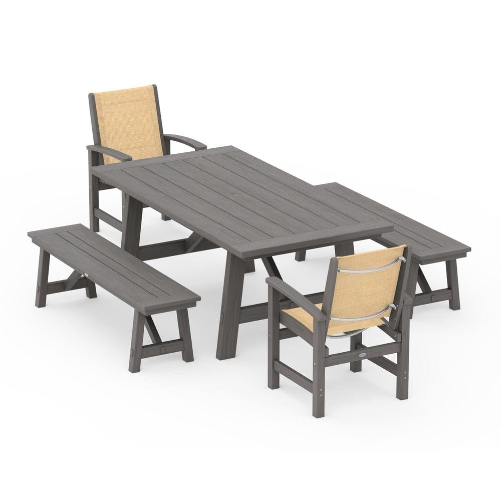 POLYWOOD® Outdoor Furniture POLYWOOD® - Coastal 5-Piece Rustic Farmhouse Dining Set With Benches - PWS1077