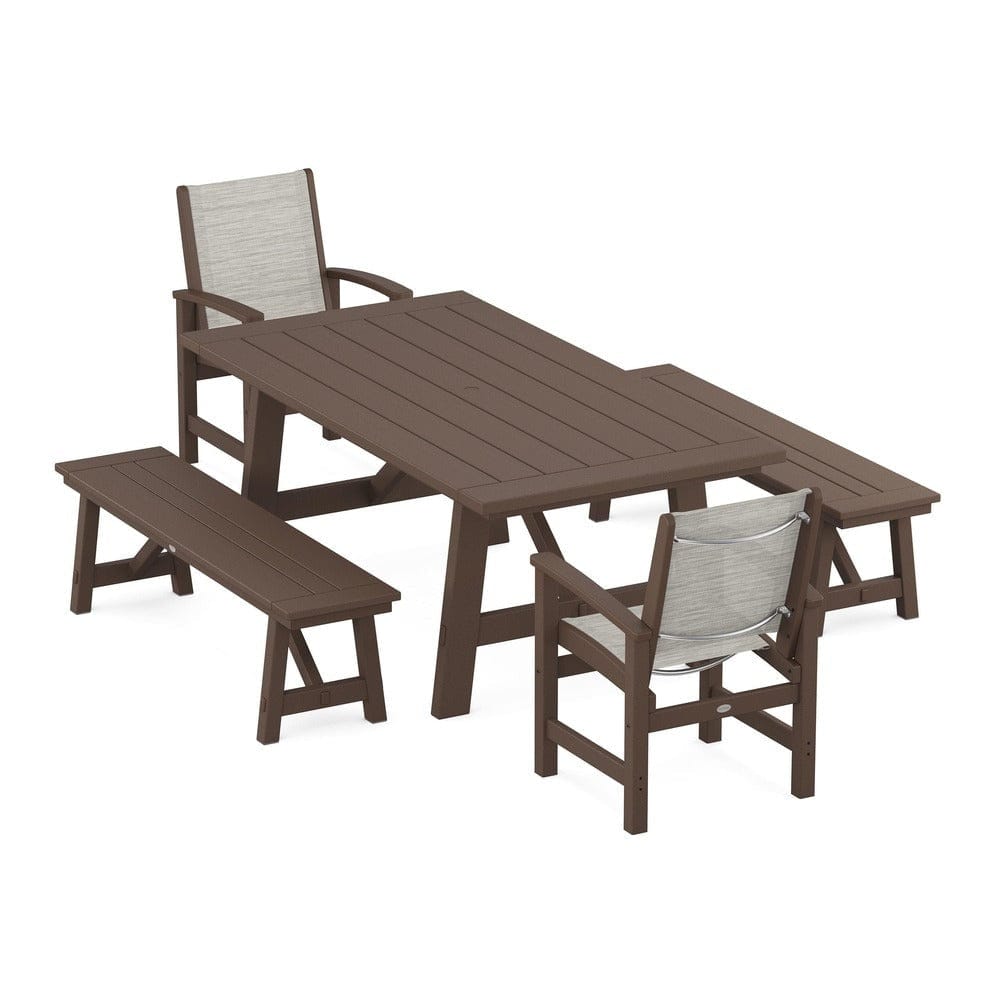 POLYWOOD® Outdoor Furniture Mahogany / Birch Sling POLYWOOD® - Coastal 5-Piece Rustic Farmhouse Dining Set With Benches - PWS1077