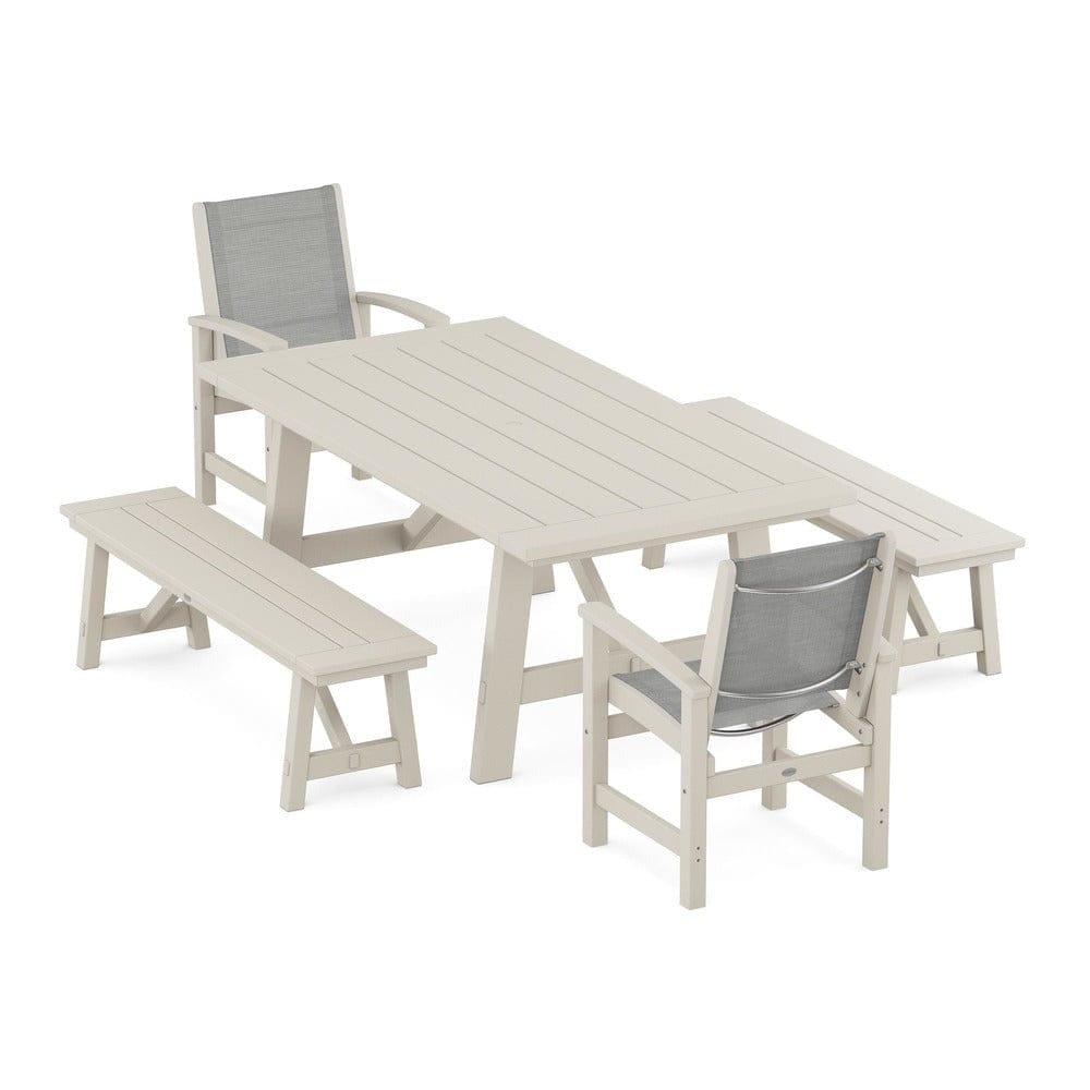 POLYWOOD® Outdoor Furniture Sand / Metallic Sling POLYWOOD® - Coastal 5-Piece Rustic Farmhouse Dining Set With Benches - PWS1077
