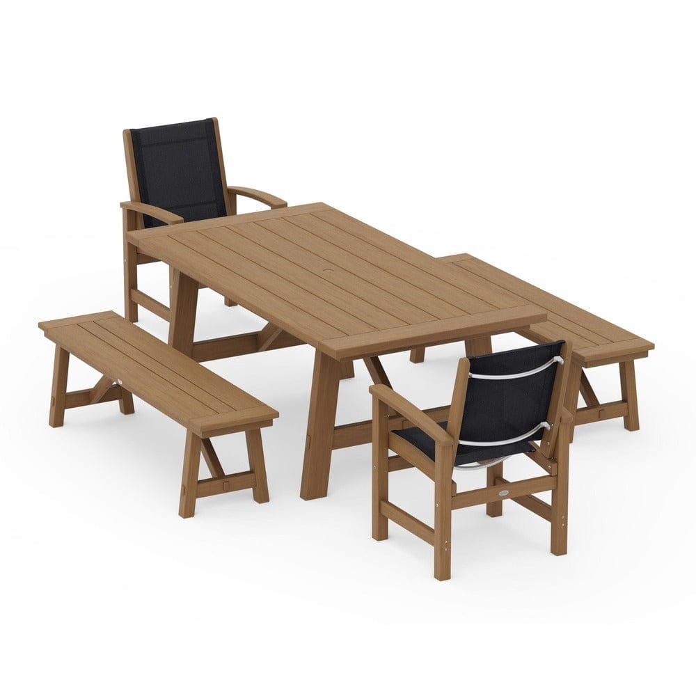 POLYWOOD® Outdoor Furniture POLYWOOD® - Coastal 5-Piece Rustic Farmhouse Dining Set With Benches - PWS1077