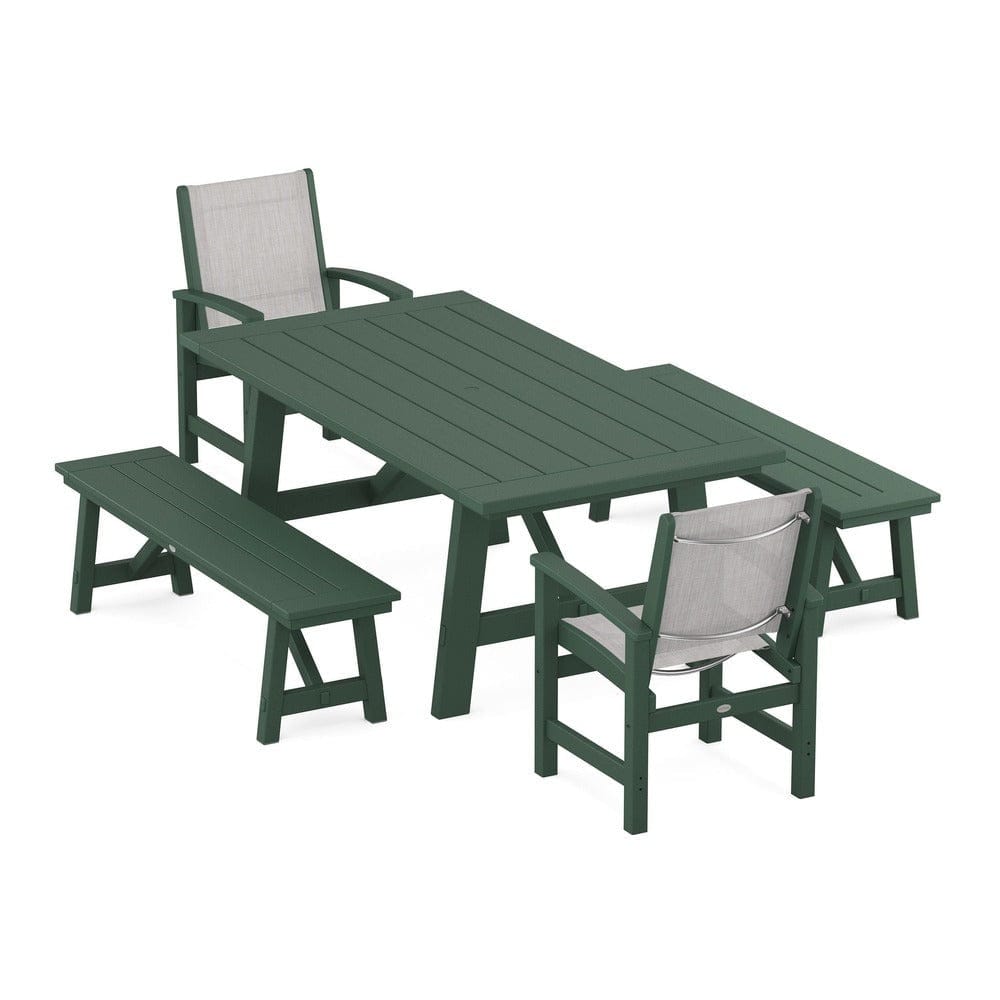 POLYWOOD® Outdoor Furniture Green / Parchment Sling POLYWOOD® - Coastal 5-Piece Rustic Farmhouse Dining Set With Benches - PWS1077