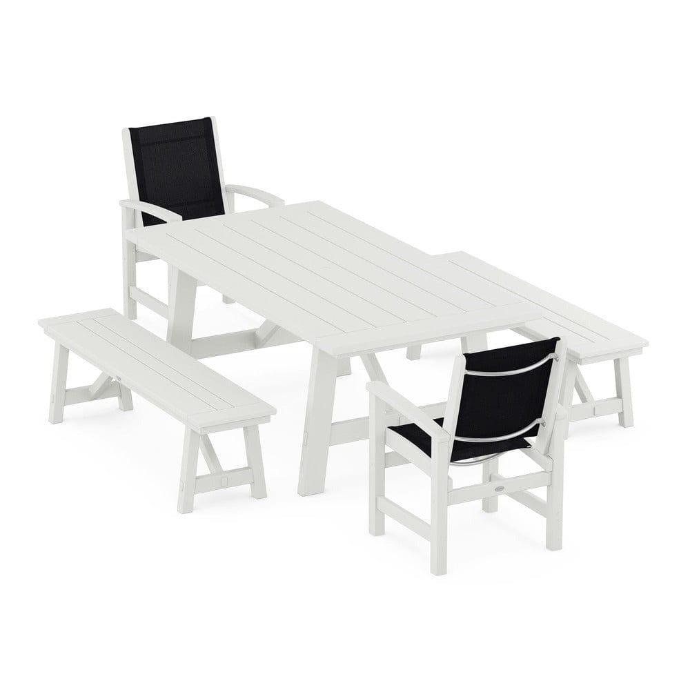 POLYWOOD® - Coastal 5-Piece Rustic Farmhouse Dining Set With Benches - PWS1077 Outdoor Furniture POLYWOOD®