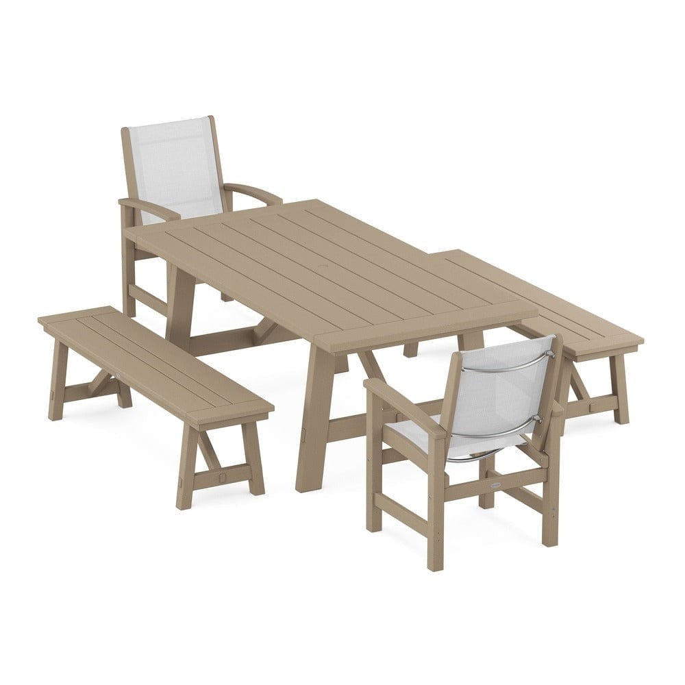 POLYWOOD® Outdoor Furniture Vintage Sahara / White Sling POLYWOOD® - Coastal 5-Piece Rustic Farmhouse Dining Set With Benches - PWS1077