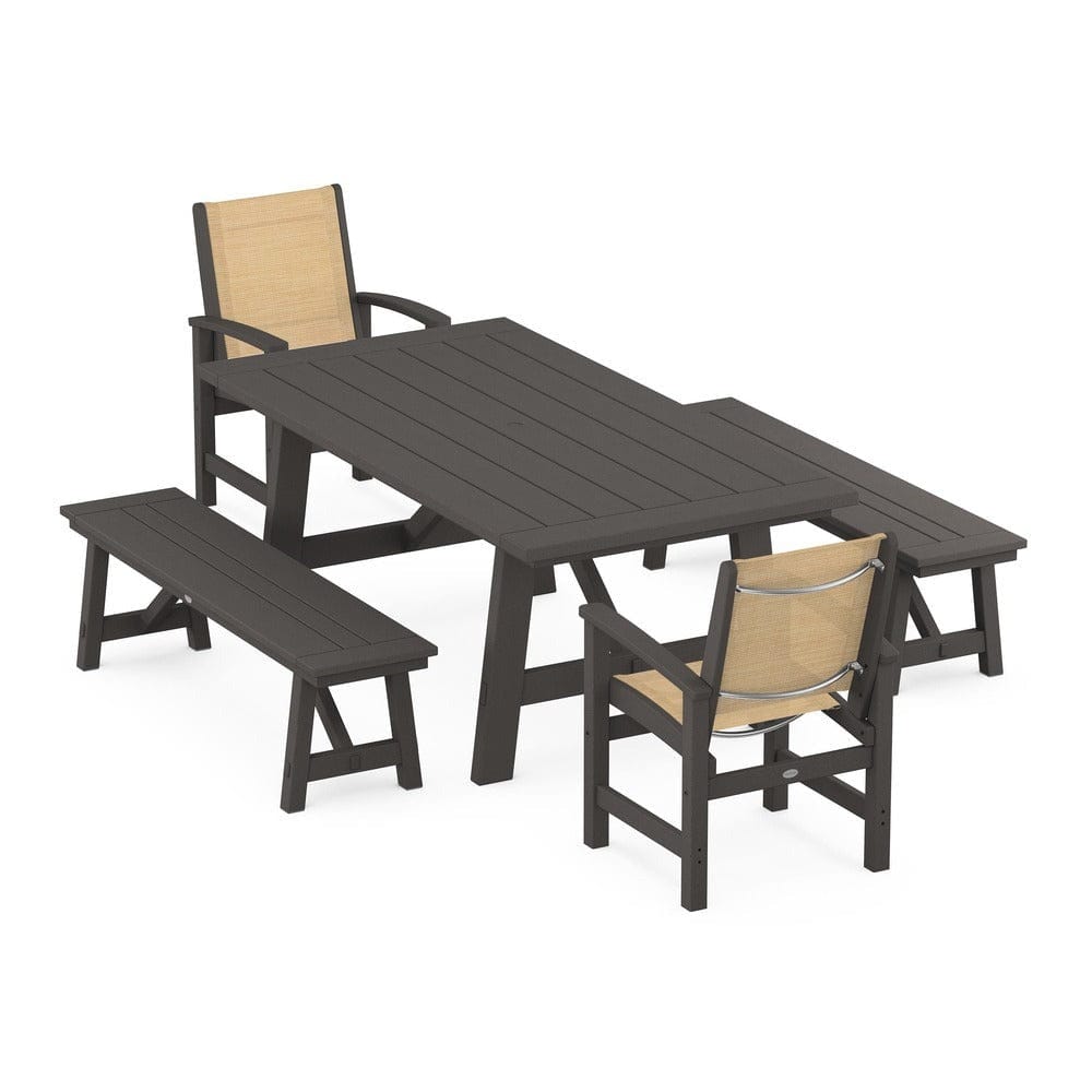 POLYWOOD® Outdoor Furniture Vintage Coffee / Dupioni Apricot Sling POLYWOOD® - Coastal 5-Piece Rustic Farmhouse Dining Set With Benches - PWS1077