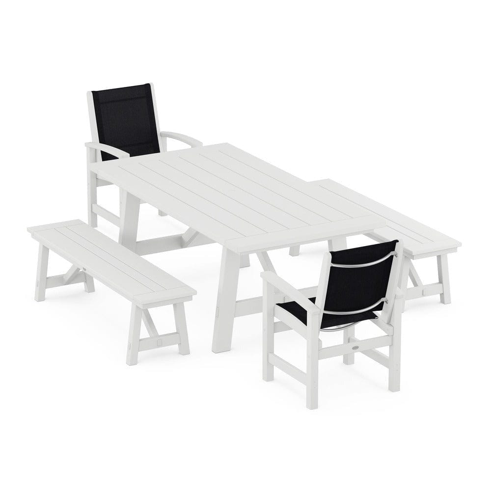 POLYWOOD® Outdoor Furniture White / Black Sling POLYWOOD® - Coastal 5-Piece Rustic Farmhouse Dining Set With Benches - PWS1077