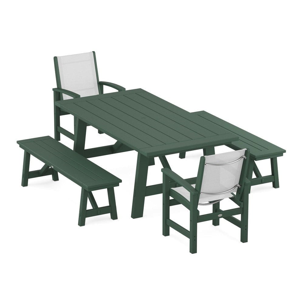 POLYWOOD® Outdoor Furniture Green / White Sling POLYWOOD® - Coastal 5-Piece Rustic Farmhouse Dining Set With Benches - PWS1077