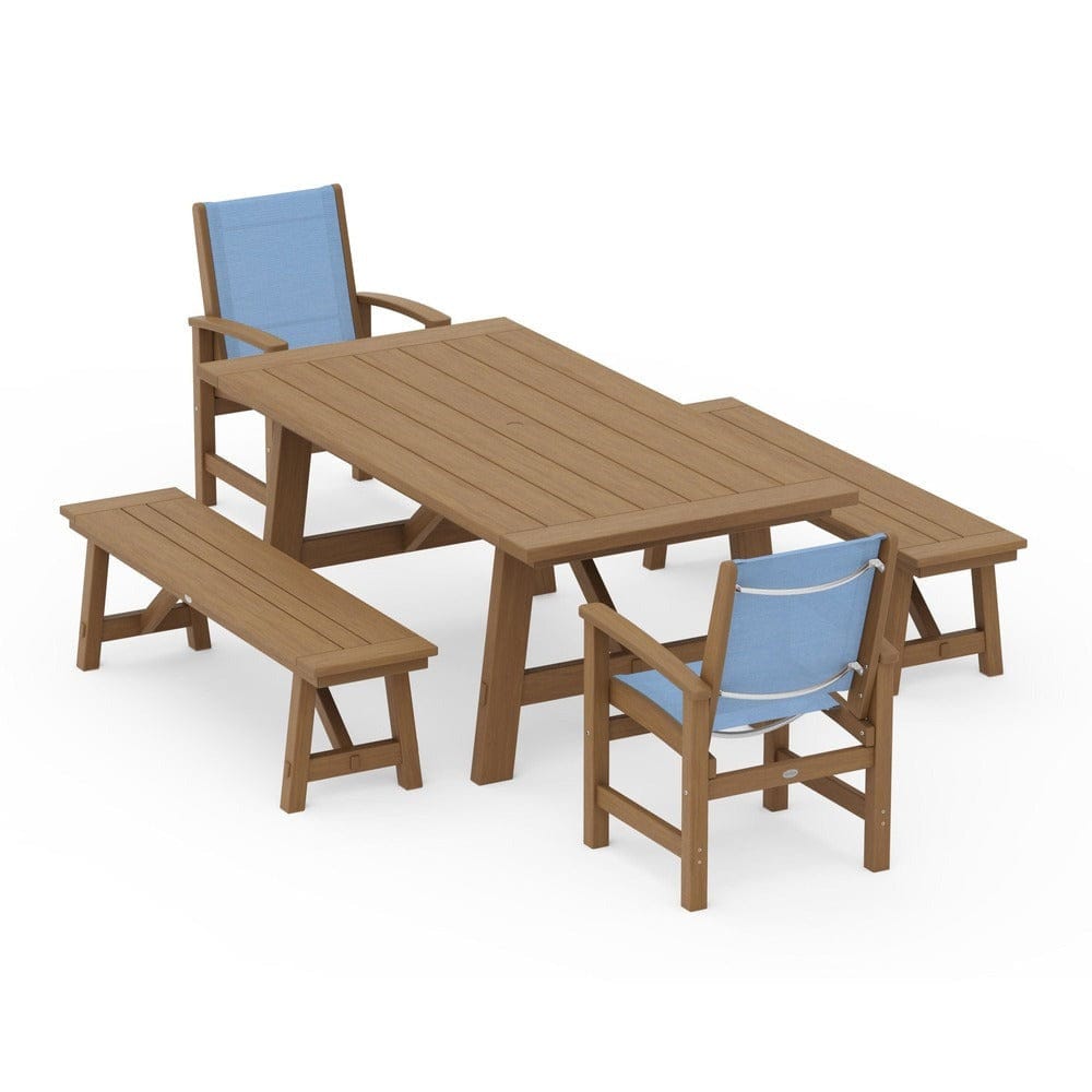 POLYWOOD® Outdoor Furniture POLYWOOD® - Coastal 5-Piece Rustic Farmhouse Dining Set With Benches - PWS1077