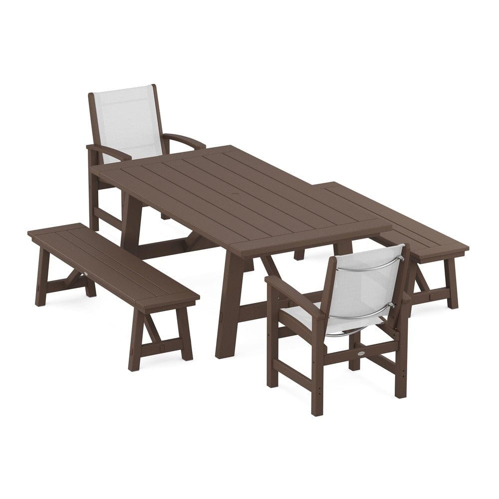 POLYWOOD® Outdoor Furniture Mahogany / White Sling POLYWOOD® - Coastal 5-Piece Rustic Farmhouse Dining Set With Benches - PWS1077