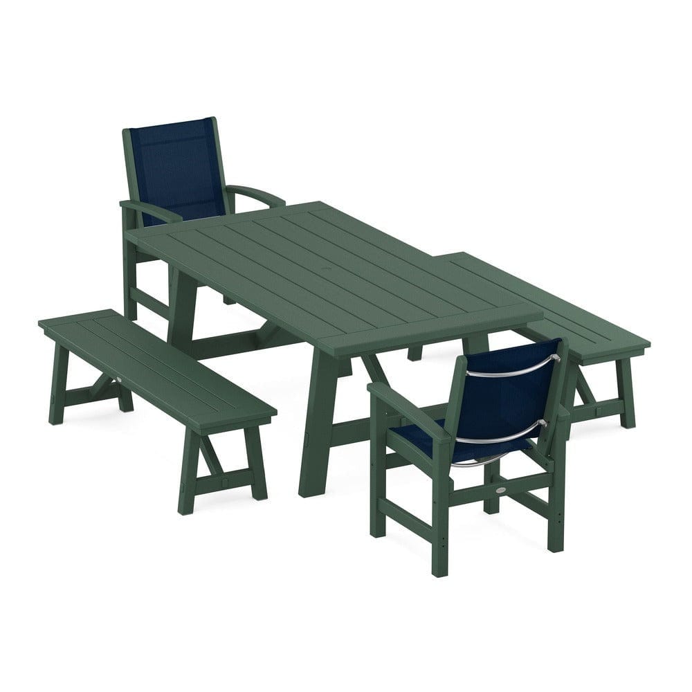 POLYWOOD® Outdoor Furniture Green / Navy Blue Sling POLYWOOD® - Coastal 5-Piece Rustic Farmhouse Dining Set With Benches - PWS1077