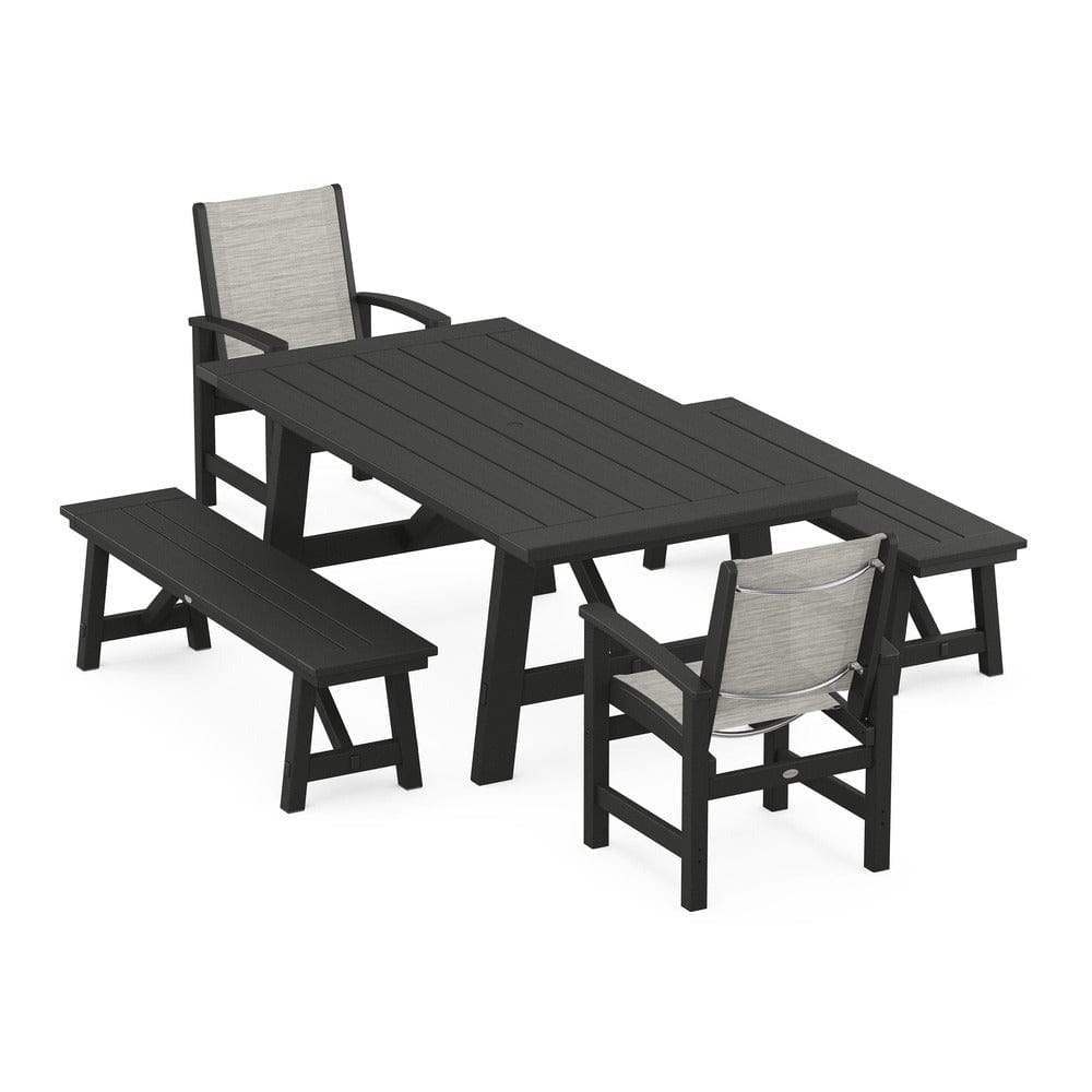 POLYWOOD® Outdoor Furniture Black / Birch Sling POLYWOOD® - Coastal 5-Piece Rustic Farmhouse Dining Set With Benches - PWS1077