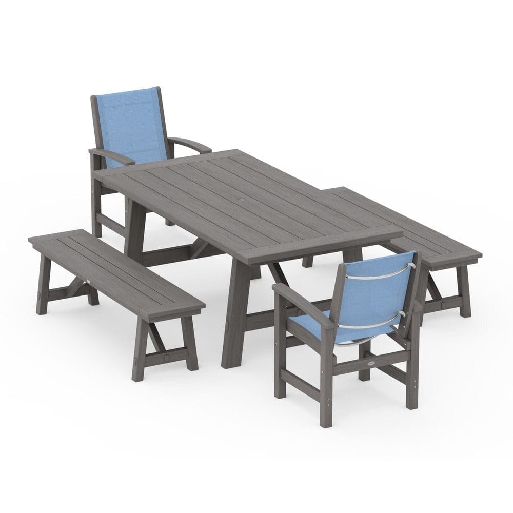 POLYWOOD® Outdoor Furniture POLYWOOD® - Coastal 5-Piece Rustic Farmhouse Dining Set With Benches - PWS1077