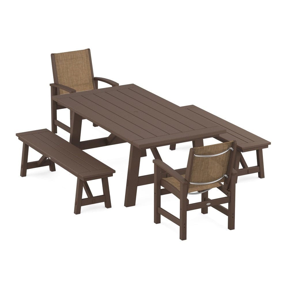 POLYWOOD® Outdoor Furniture Mahogany / Burlap Sling POLYWOOD® - Coastal 5-Piece Rustic Farmhouse Dining Set With Benches - PWS1077