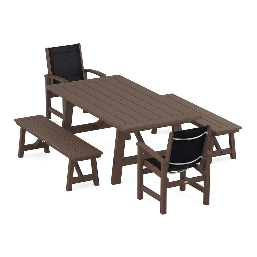 POLYWOOD® Outdoor Furniture Mahogany / Black Sling POLYWOOD® - Coastal 5-Piece Rustic Farmhouse Dining Set With Benches - PWS1077
