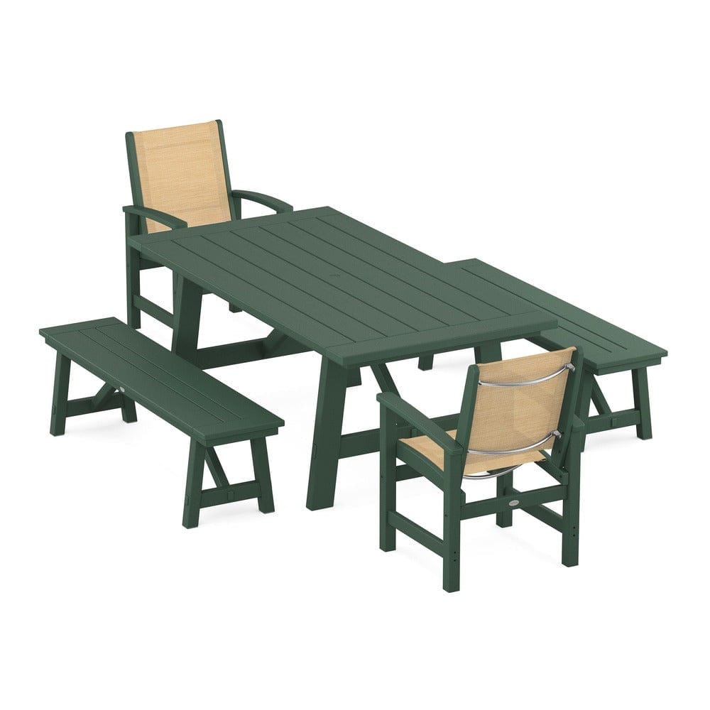 POLYWOOD® Outdoor Furniture Green / Dupioni Apricot Sling POLYWOOD® - Coastal 5-Piece Rustic Farmhouse Dining Set With Benches - PWS1077
