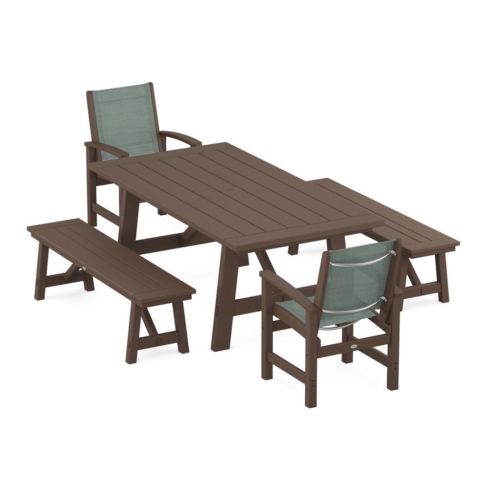 POLYWOOD® Outdoor Furniture Mahogany / Dupioni Sea Mist Sling POLYWOOD® - Coastal 5-Piece Rustic Farmhouse Dining Set With Benches - PWS1077