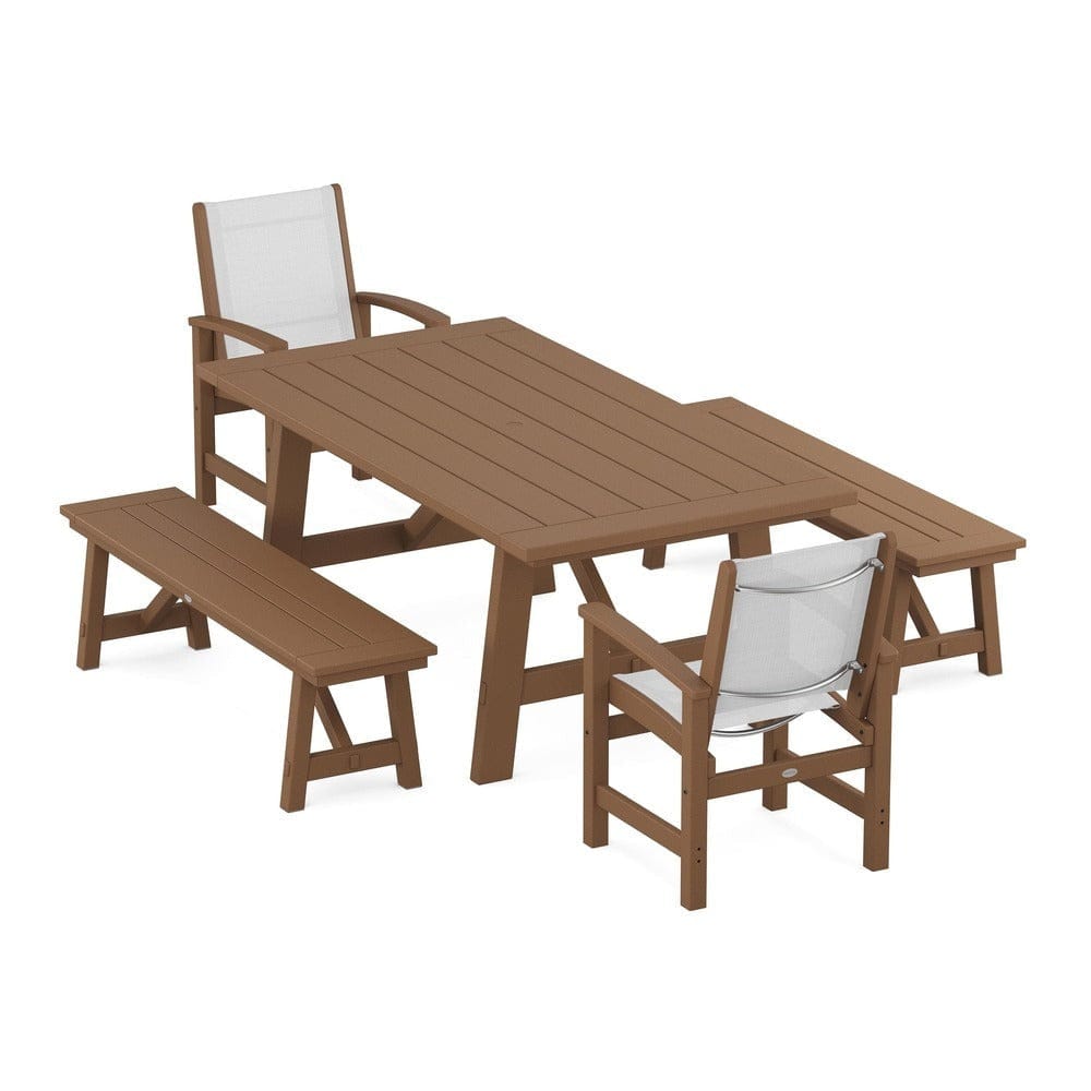 POLYWOOD® Outdoor Furniture Teak / White Sling POLYWOOD® - Coastal 5-Piece Rustic Farmhouse Dining Set With Benches - PWS1077