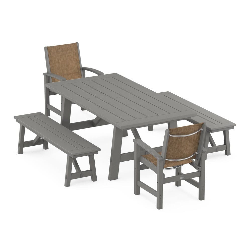 POLYWOOD® Outdoor Furniture Slate Grey / Burlap Sling POLYWOOD® - Coastal 5-Piece Rustic Farmhouse Dining Set With Benches - PWS1077