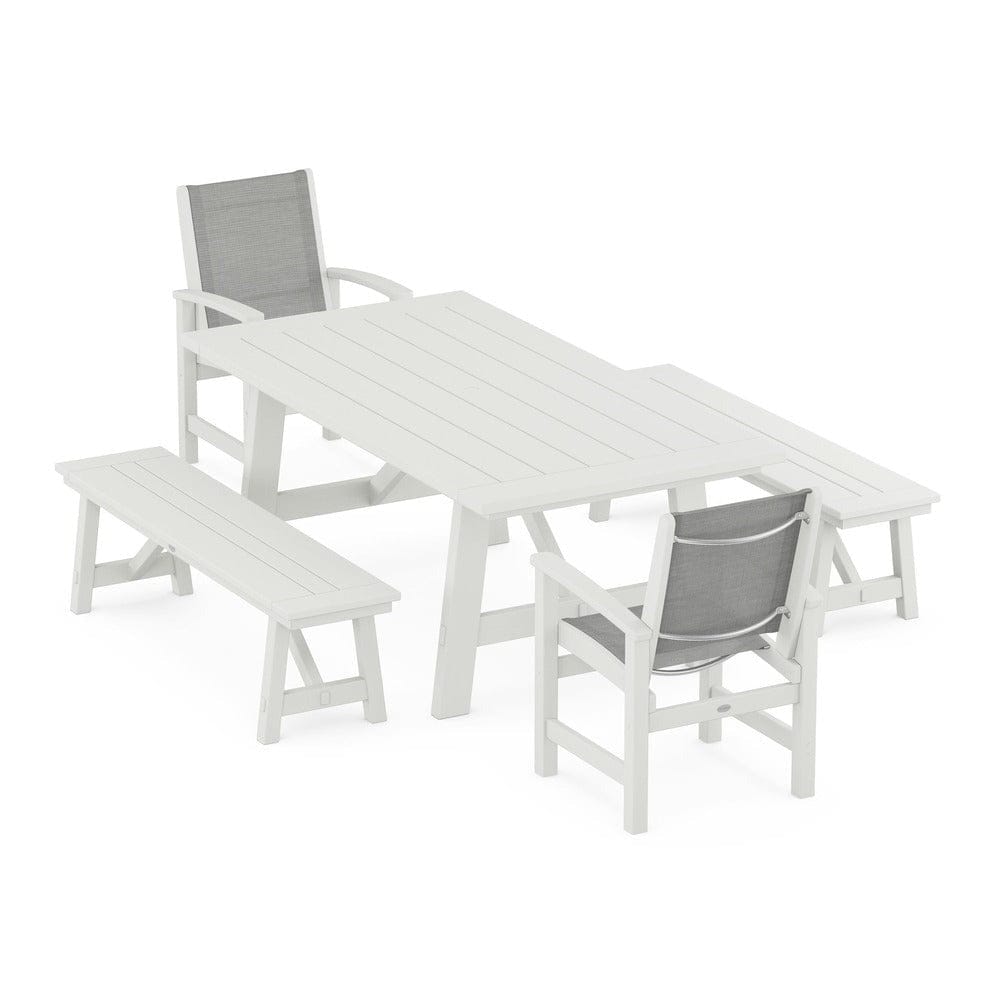 POLYWOOD® Outdoor Furniture POLYWOOD® - Coastal 5-Piece Rustic Farmhouse Dining Set With Benches - PWS1077