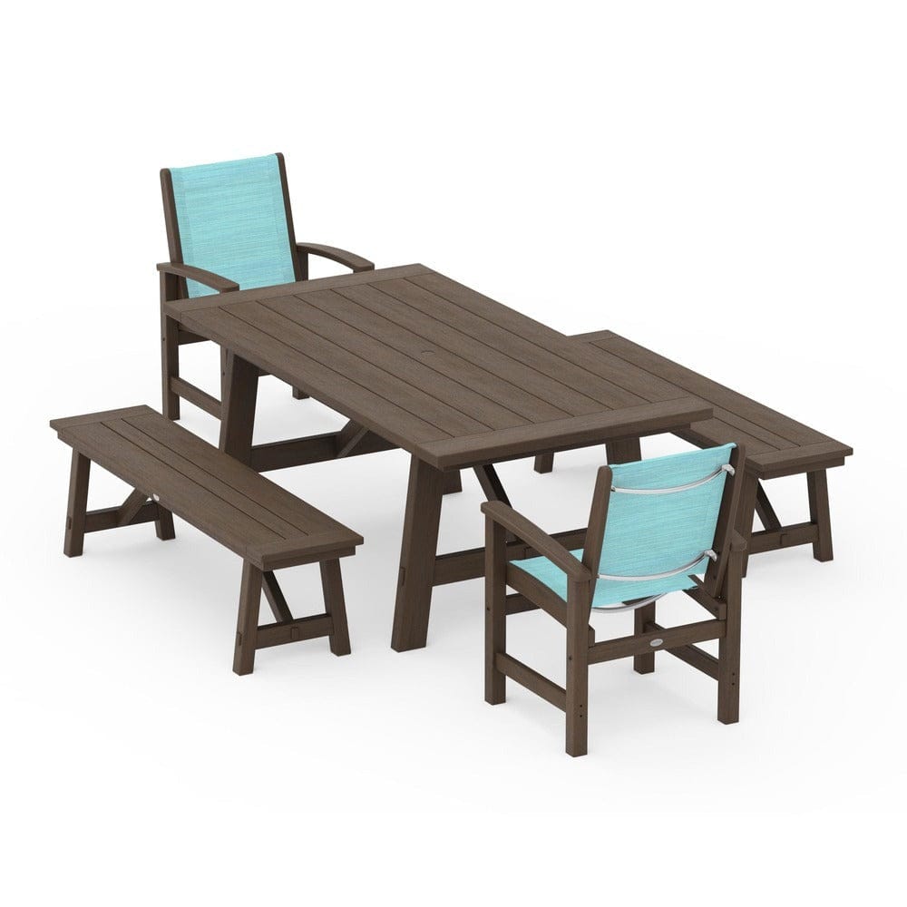 POLYWOOD® Outdoor Furniture POLYWOOD® - Coastal 5-Piece Rustic Farmhouse Dining Set With Benches - PWS1077