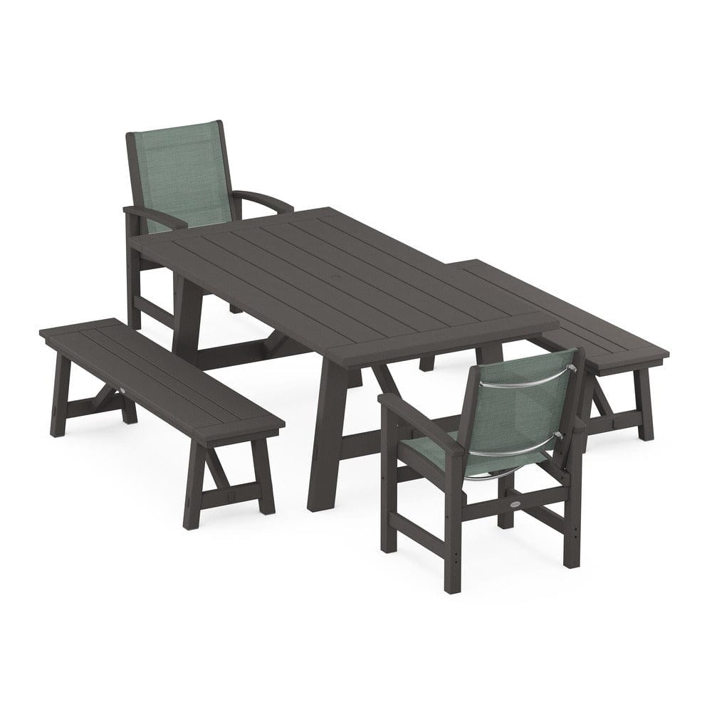POLYWOOD® Outdoor Furniture Vintage Coffee / Dupioni Sea Mist Sling POLYWOOD® - Coastal 5-Piece Rustic Farmhouse Dining Set With Benches - PWS1077