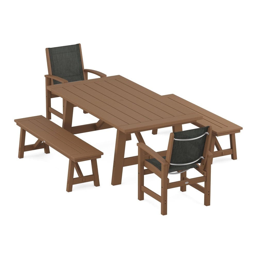POLYWOOD® Outdoor Furniture Teak / Ember Sling POLYWOOD® - Coastal 5-Piece Rustic Farmhouse Dining Set With Benches - PWS1077