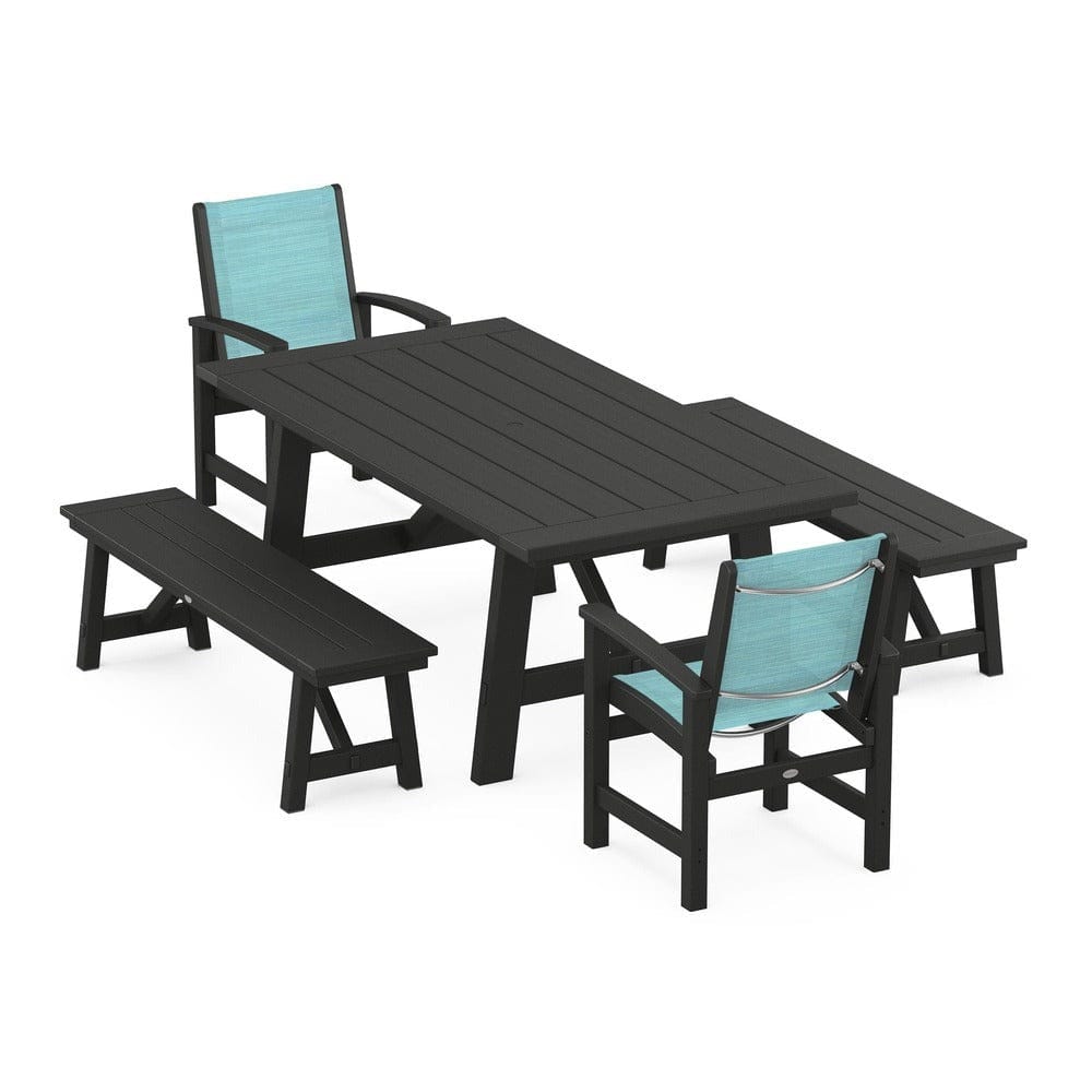 POLYWOOD® Outdoor Furniture Black / Dupioni Aquamarine Sling POLYWOOD® - Coastal 5-Piece Rustic Farmhouse Dining Set With Benches - PWS1077