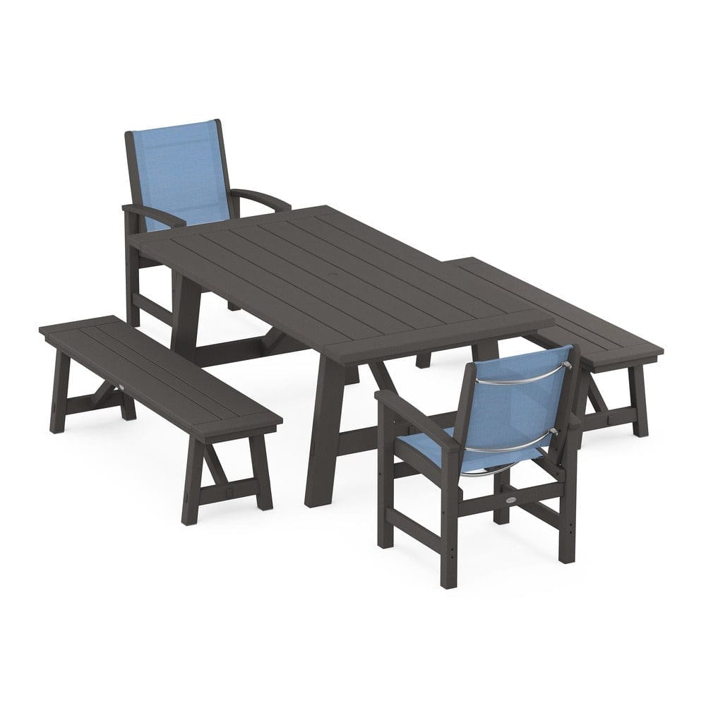 POLYWOOD® Outdoor Furniture Vintage Coffee / Poolside Sling POLYWOOD® - Coastal 5-Piece Rustic Farmhouse Dining Set With Benches - PWS1077