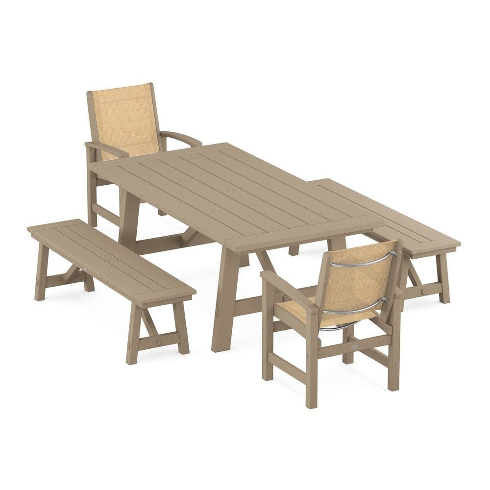 POLYWOOD® Outdoor Furniture POLYWOOD® - Coastal 5-Piece Rustic Farmhouse Dining Set With Benches - PWS1077