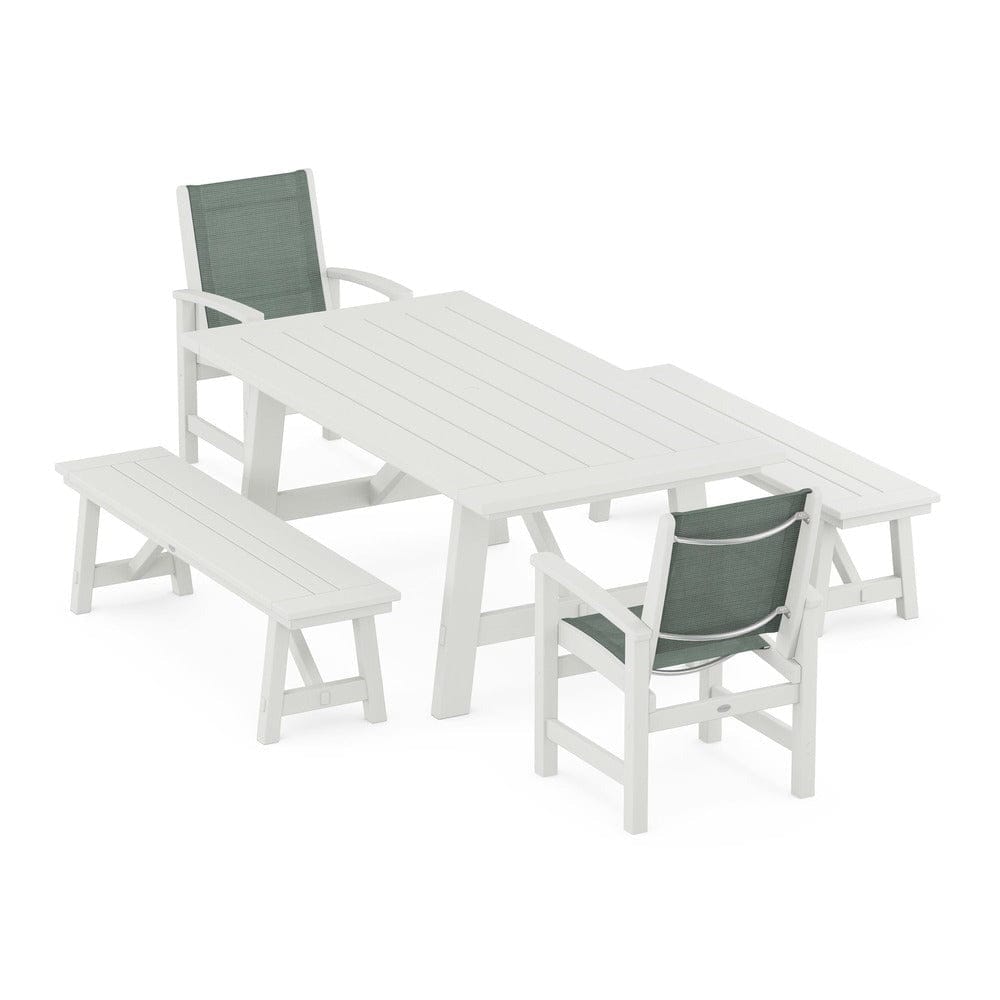 POLYWOOD® Outdoor Furniture POLYWOOD® - Coastal 5-Piece Rustic Farmhouse Dining Set With Benches - PWS1077