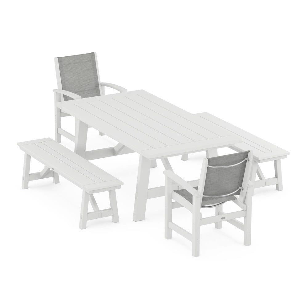 POLYWOOD® Outdoor Furniture White / Metallic Sling POLYWOOD® - Coastal 5-Piece Rustic Farmhouse Dining Set With Benches - PWS1077