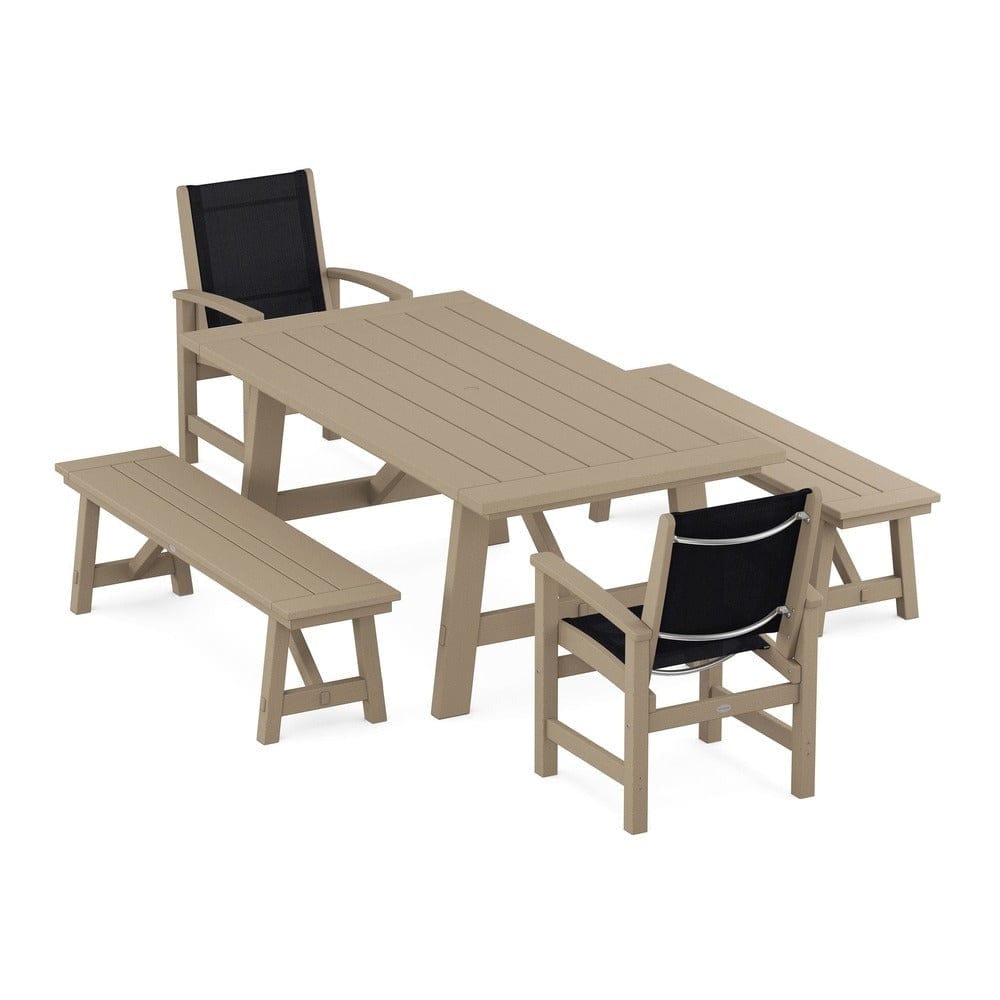 POLYWOOD® - Coastal 5-Piece Rustic Farmhouse Dining Set With Benches - PWS1077