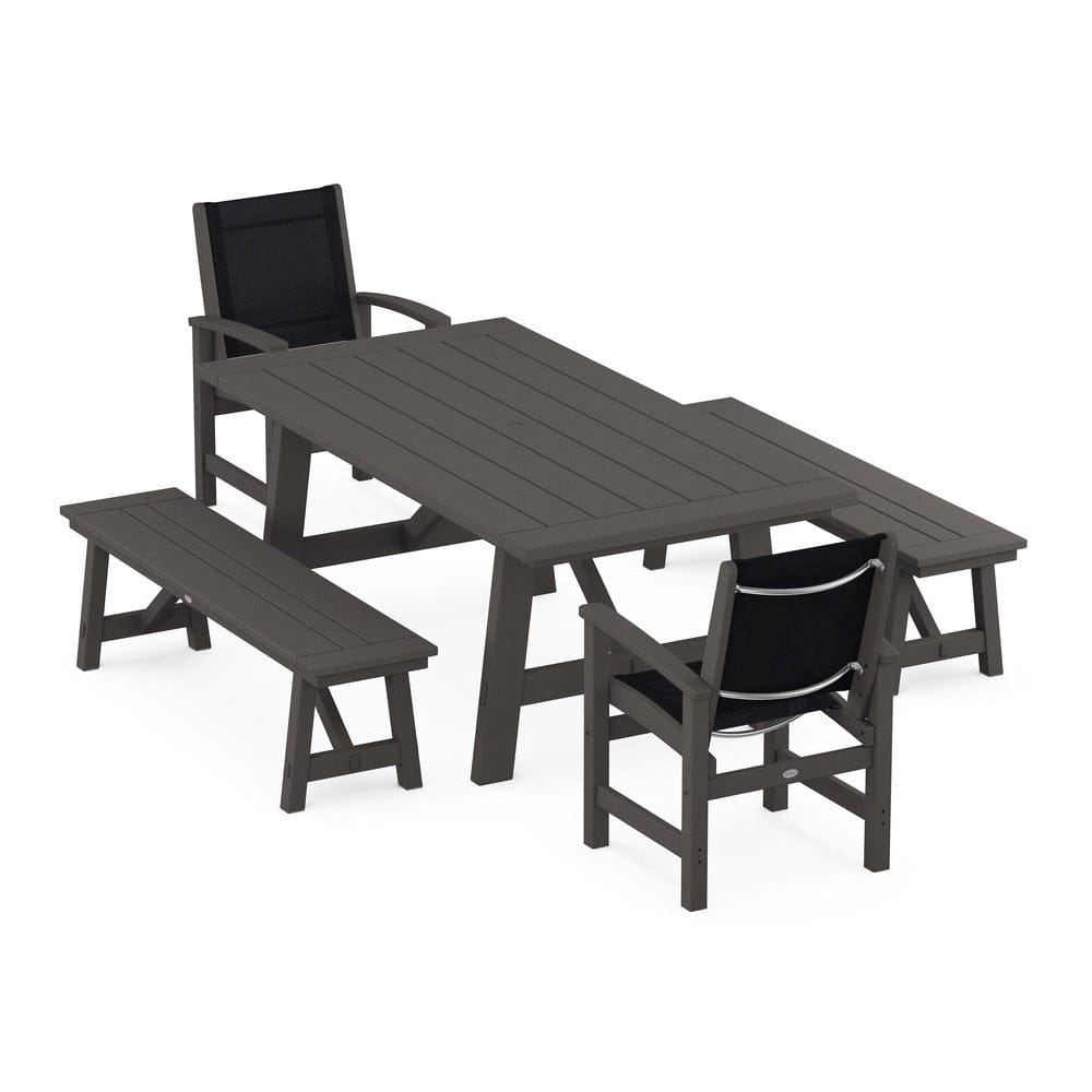POLYWOOD® Outdoor Furniture Vintage Coffee / Black Sling POLYWOOD® - Coastal 5-Piece Rustic Farmhouse Dining Set With Benches - PWS1077