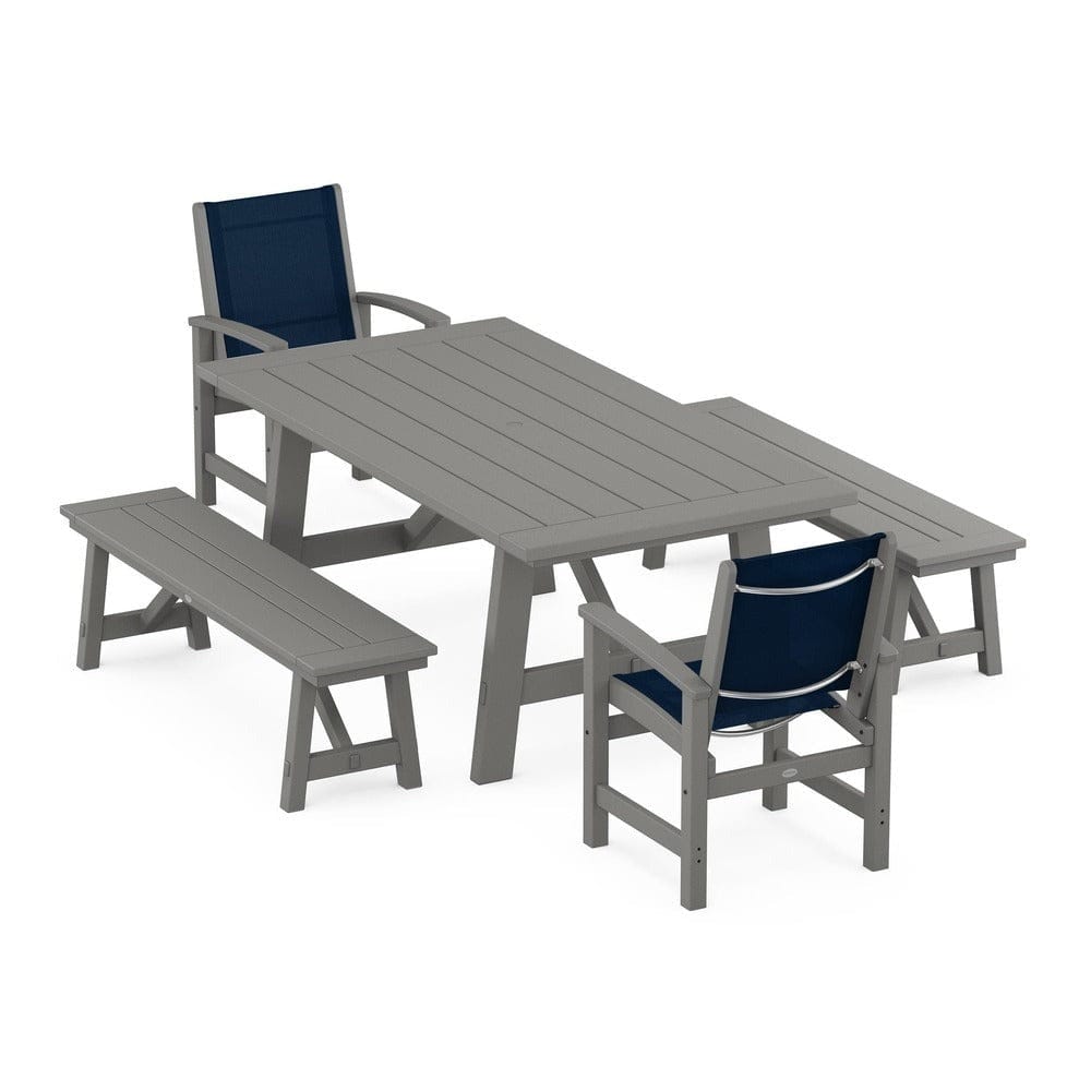 POLYWOOD® Outdoor Furniture Slate Grey / Navy Blue Sling POLYWOOD® - Coastal 5-Piece Rustic Farmhouse Dining Set With Benches - PWS1077