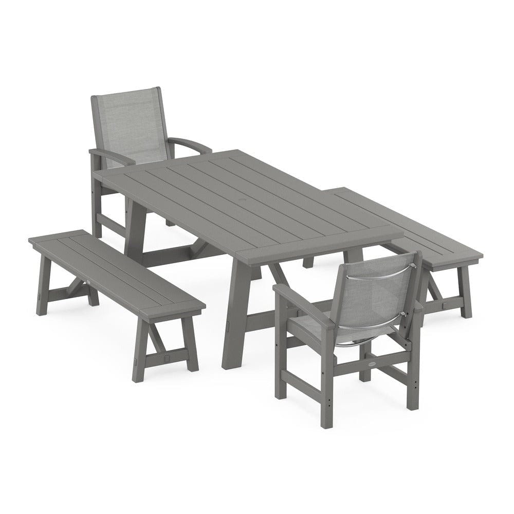 POLYWOOD® Outdoor Furniture Slate Grey / Metallic Sling POLYWOOD® - Coastal 5-Piece Rustic Farmhouse Dining Set With Benches - PWS1077
