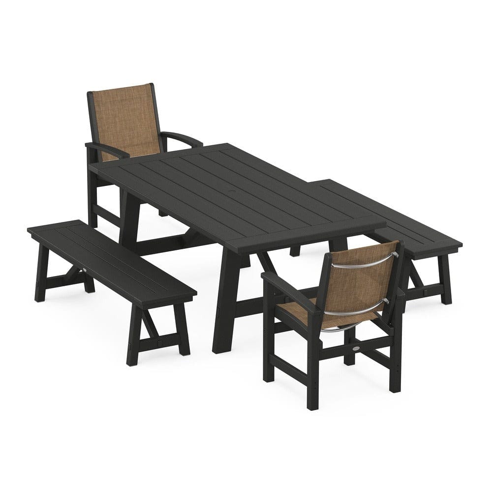 POLYWOOD® Outdoor Furniture Black / Burlap Sling POLYWOOD® - Coastal 5-Piece Rustic Farmhouse Dining Set With Benches - PWS1077