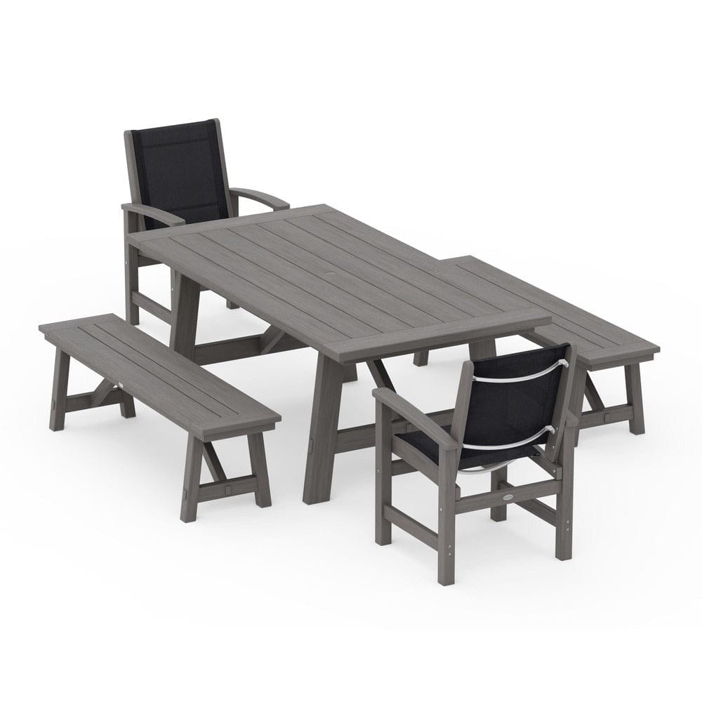 POLYWOOD® Outdoor Furniture POLYWOOD® - Coastal 5-Piece Rustic Farmhouse Dining Set With Benches - PWS1077