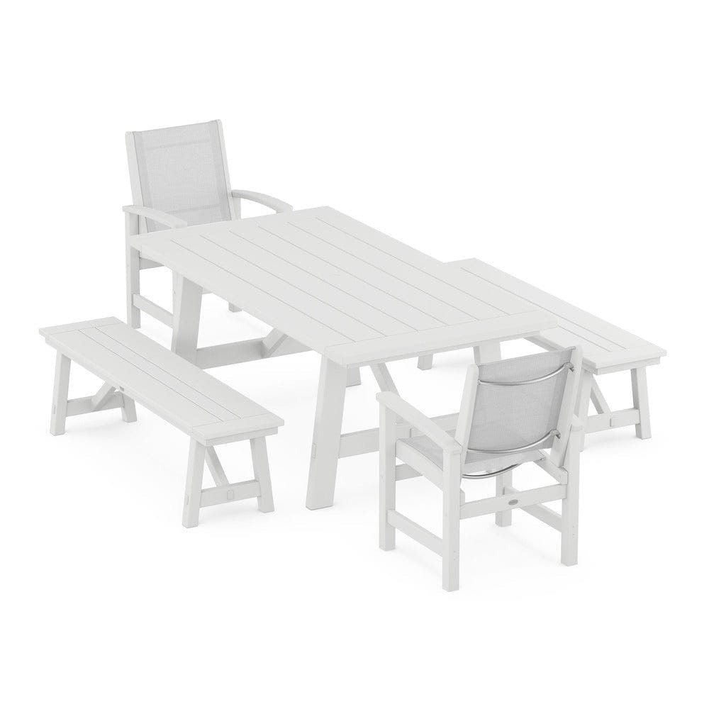 POLYWOOD® Outdoor Furniture White / White Sling POLYWOOD® - Coastal 5-Piece Rustic Farmhouse Dining Set With Benches - PWS1077