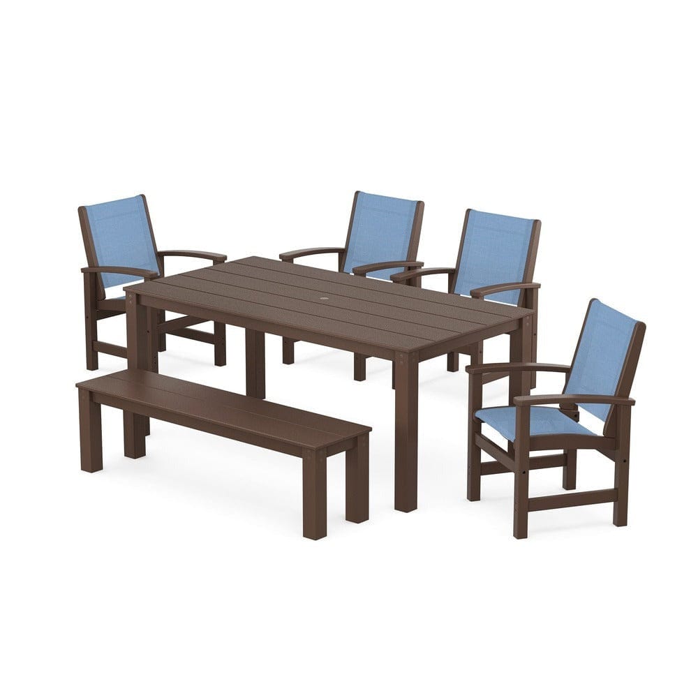 POLYWOOD® Outdoor Furniture Mahogany / Poolside Sling POLYWOOD® - Coastal 6-Piece Parsons Dining Set with Bench - PWS2276