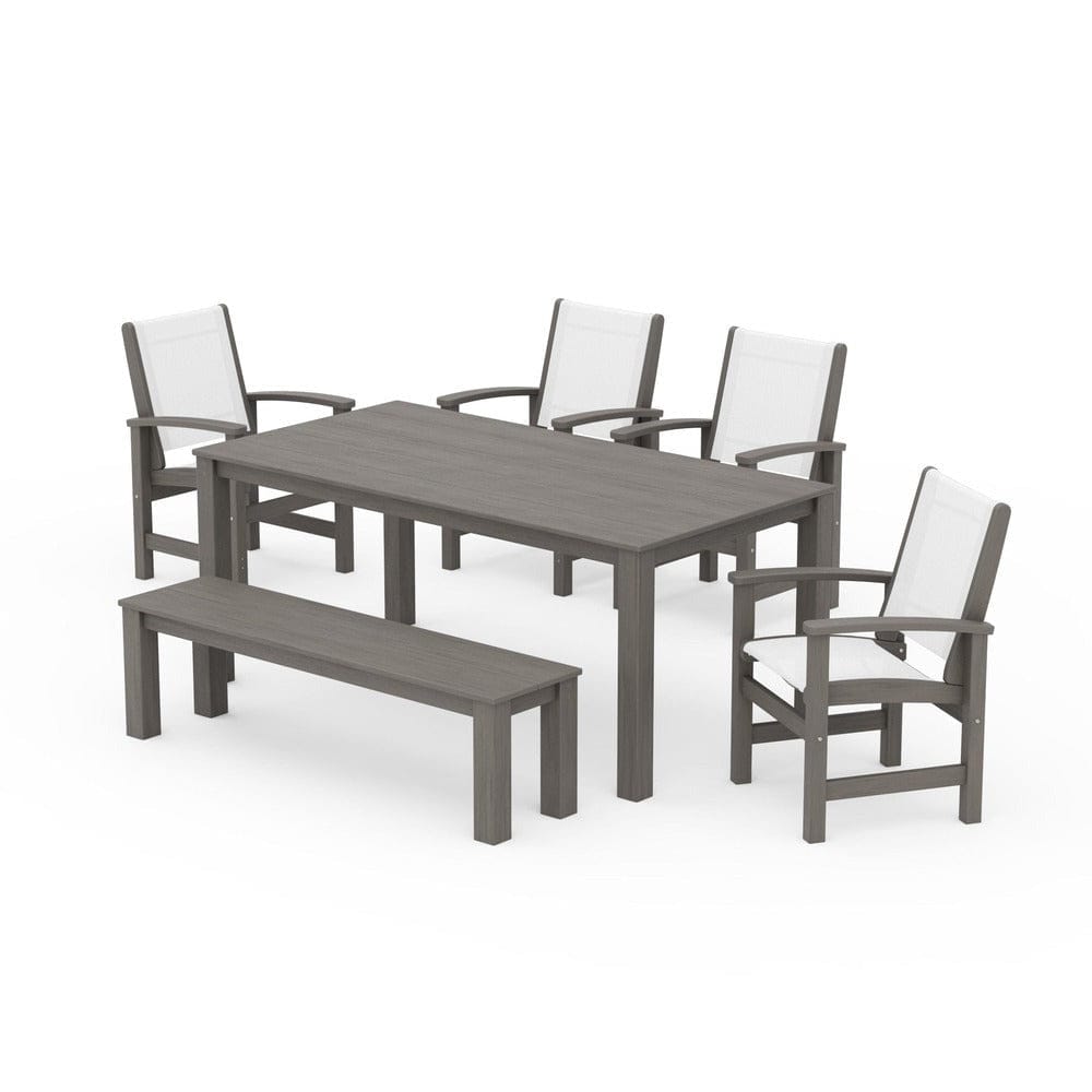 POLYWOOD® Outdoor Furniture Driftwood / White Sling POLYWOOD® - Coastal 6-Piece Parsons Dining Set with Bench - PWS2276